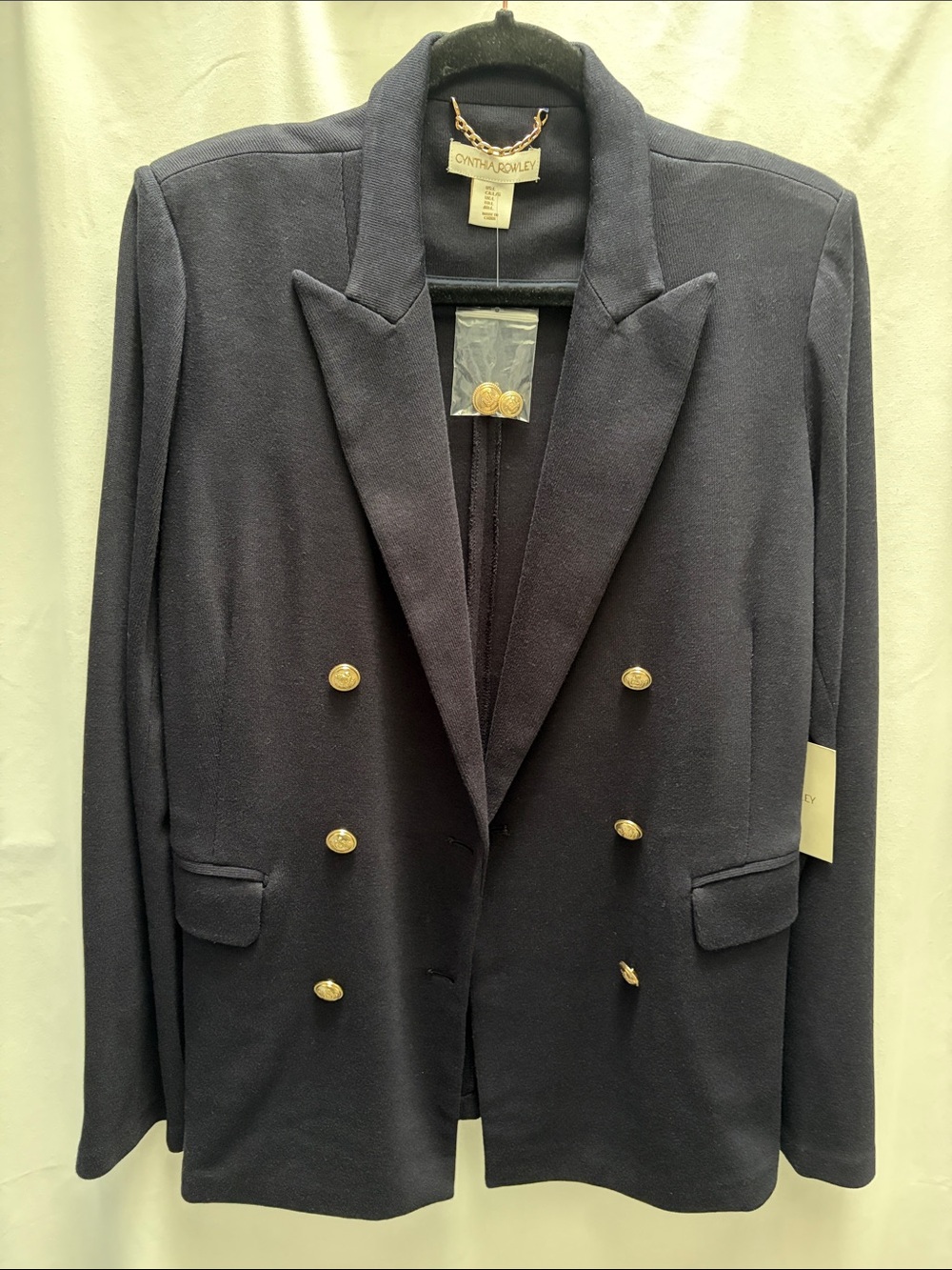 Cynthia Rowley Navy Double-Breasted Knit Blazer with Gold-Tone Buttons